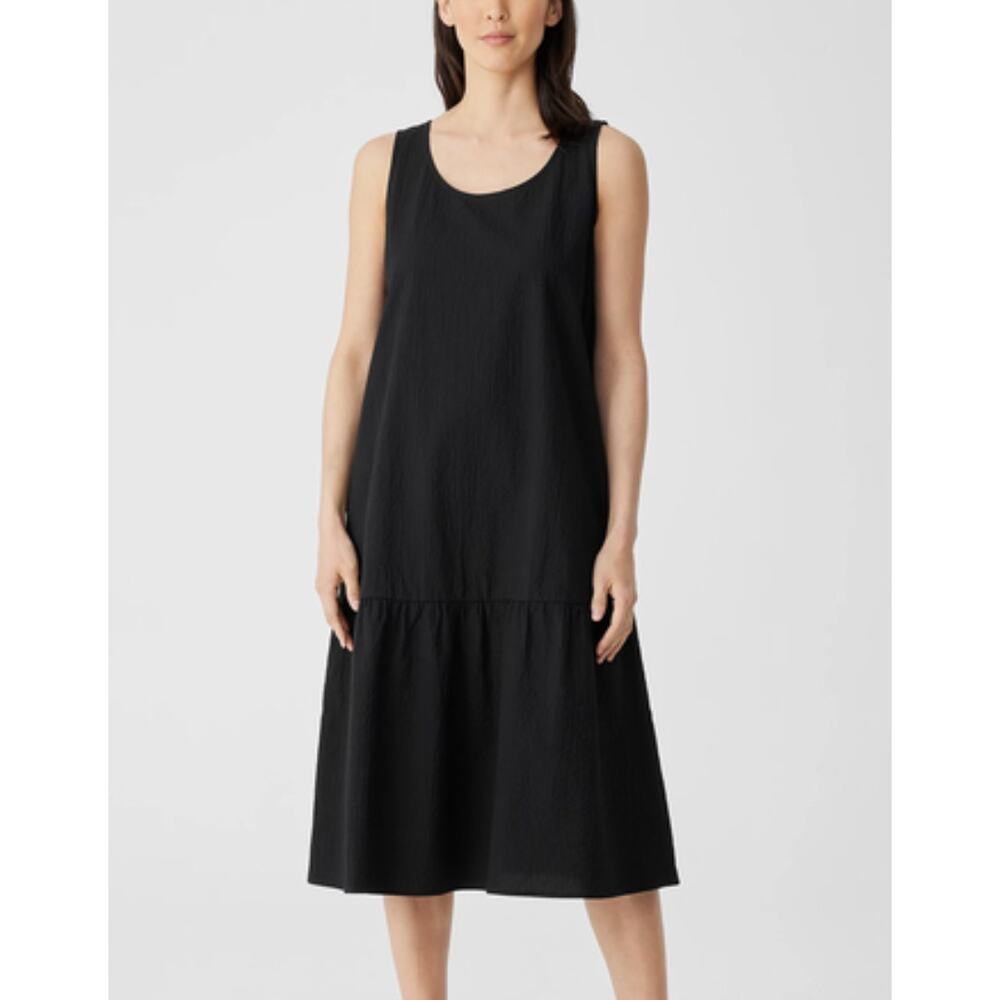 Eileen Fisher Black Organic‎ Cotton Pucker Tiered Dress Women’s Large Sleeveless